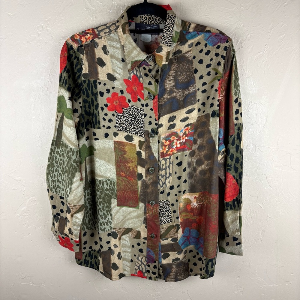 Vintage Bonnie Boynton Tan Animal Print Patchwork Blouse 1980s Womens size large